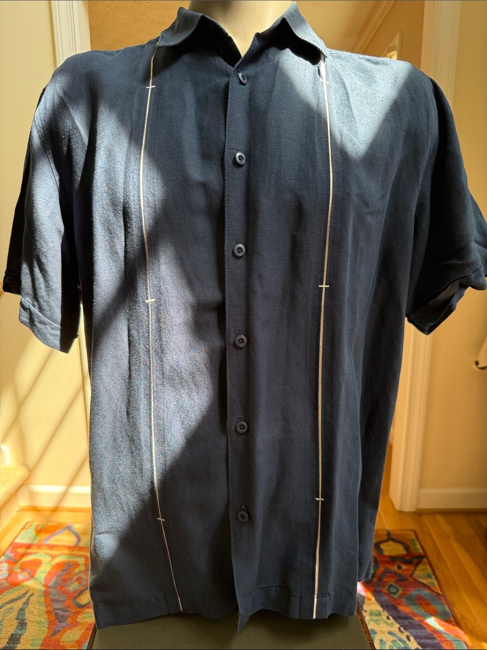 Cubavera Navy Short-Sleeve Button-Down Shirt with Vertical Contrast Piping